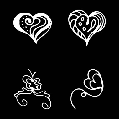 Çiçekler ve kalpler karalama koleksiyonunu siyah arka planda izole ettiler. 4 çiçek grafik elementi. Büyük vektör kümesi. Taslak koleksiyonu