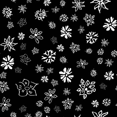 Papatya çayı vektörü çizim tarzında kusursuz desen. Kusursuz çiçek deseni. Vektör çiçek izi. Soyut çiçek deseni. Modern tasarım. El çizimi resimleme siyah arkaplanda izole edildi