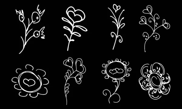 Květiny a větve ručně kreslené sbírku izolované na černém pozadí. Květinové grafické prvky. Velký vektor nastaven. Kolekce osnovy — Stockový vektor
