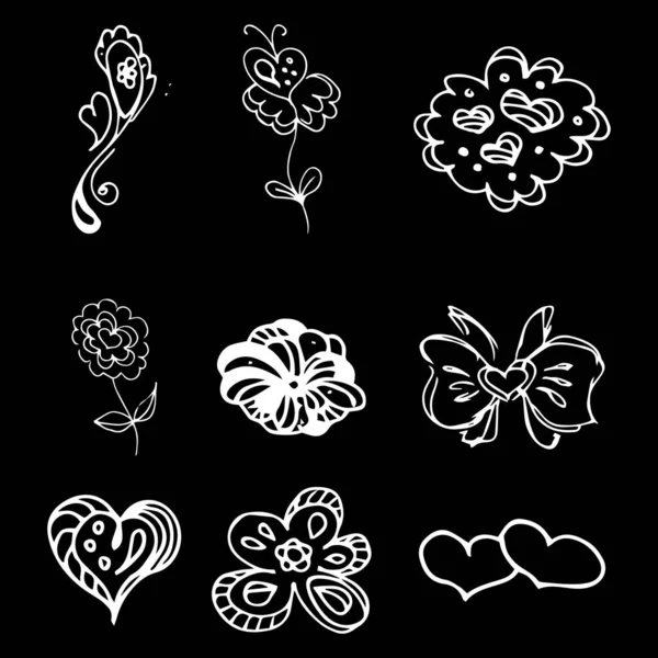 Blumen und Herzen handgezeichnete Kritzelei Sammlung isoliert auf schwarzem Hintergrund. 6 florale grafische Elemente. großen Vektorsatz. Umrissensammlung — Stockvektor