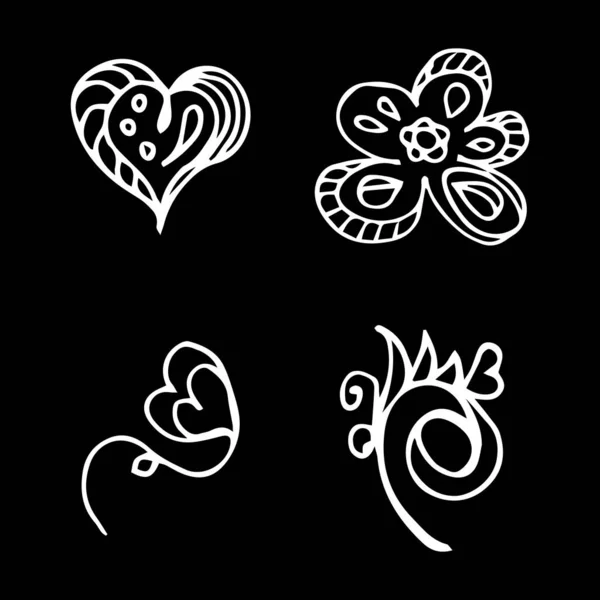Blumen und Herzen handgezeichnete Kritzelei Sammlung isoliert auf schwarzem Hintergrund. 4 florale grafische Elemente. großen Vektorsatz. Umrissensammlung — Stockvektor
