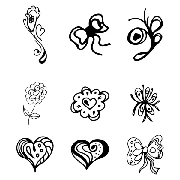 Flores y corazones dibujados a mano colección de garabatos aislados sobre fondo blanco. 6 elementos gráficos florales. Gran conjunto de vectores. Esquema de recogida — Vector de stock