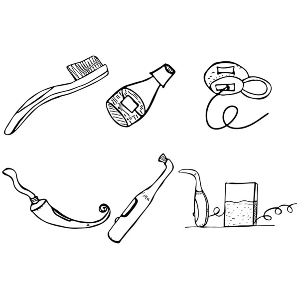 Tandheelkundige diensten objecten geïsoleerd op zwarte achtergrond. Doodle stijl tandheelkundige reiniging en onderhoud tools. Overzicht van stomatologie en instrumenten en instrumenten. Medische, stomatologie hand getekend vector objecten — Stockvector