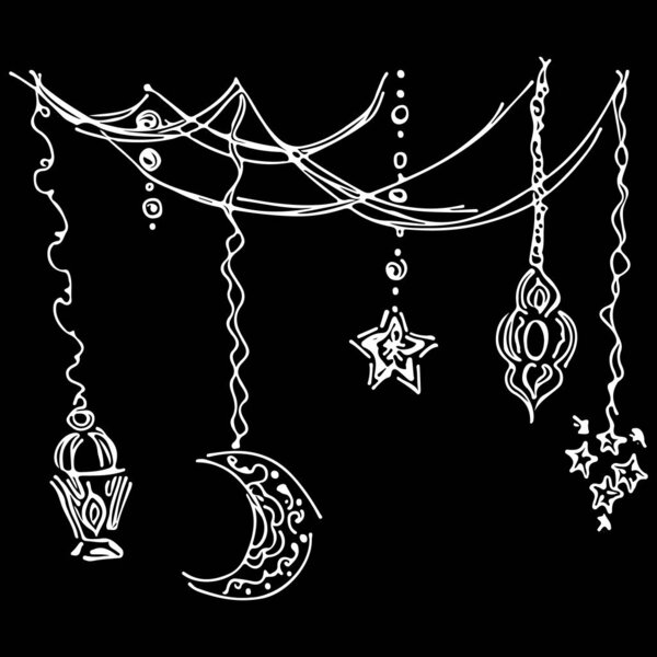 Рамадан Карим иконка набор эскиз очертания стиль каракули изолированы на черном фоне. Мусульманская коллекция
