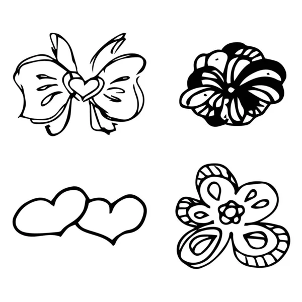 Květiny a srdce ručně kreslené sbírka čmáranice izolované na bílém pozadí. 4 květinové grafické prvky. Velký vektor nastaven. Kolekce osnovy — Stockový vektor