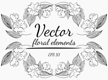 Gri bir arka planda gül çelengi dalları. El çizimi vektör çizimi. Vektör çiçek elementleri.