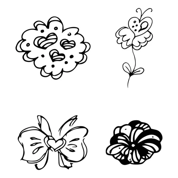 Blumen und Herzen handgezeichnete Kritzelei Sammlung isoliert auf weißem Hintergrund. 4 florale grafische Elemente. großen Vektorsatz. Umrissensammlung — Stockvektor