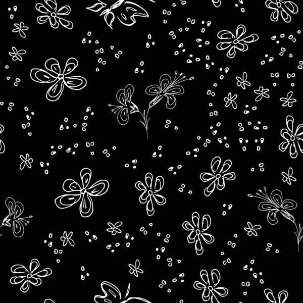 Butterfly seamless outline vector in line art style on black background.  Line art butterfly. Cartoon animals, flowers and dots. Simple design  seamless pattern. Exotic wallpaper. Abstract pattern - Stock Image -  Everypixel