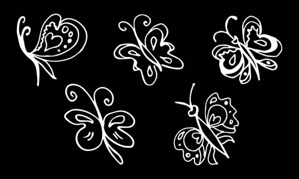 Szett kézzel rajzolt pillangók elszigetelt fekete háttér. Vektor firkált elemek dekoráció — Stock Vector