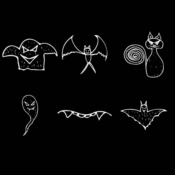 Halloween doodle set geïsoleerd op zwarte achtergrond. Cartoon set met zwarte Halloween doodle elementen. Outline symbool collectie. Handgetekende schets tovenaar collectie — Stockvector