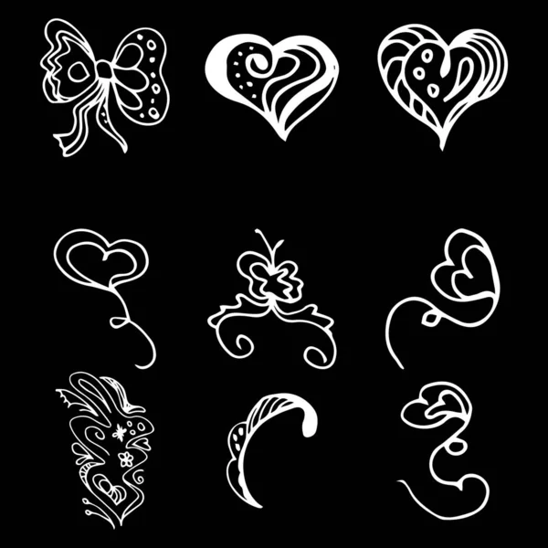 Колекція квітів і сердець намальована вручну каракулі ізольовані на чорному тлі. 6 квіткових графічних елементів. Великий векторний набір. Збірка контурів — стоковий вектор