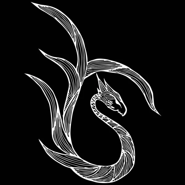 Рука намальована векторна ілюстрація дракона ізольована на чорному тлі. Фантастична значок дракона. Вільна міфологія амінал. Фентезі контур ілюстрація — стоковий вектор