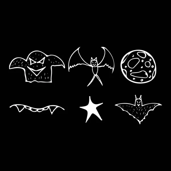 Doodle Halloween conjunto isolado no fundo preto. Conjunto de desenhos animados com elementos doodle Halloween preto. Esboço coleção de símbolos. Desenho à mão coleção mágico — Vetor de Stock