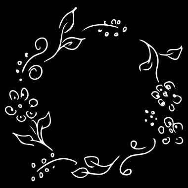 Siyah arka planda soyut çiçek ve dallardan oluşan bir çelenk. Davetiyeler ve tebrik kartları için resmi çerçeve tasarımı ögeleri. El çizimi vektör illüstrasyonu