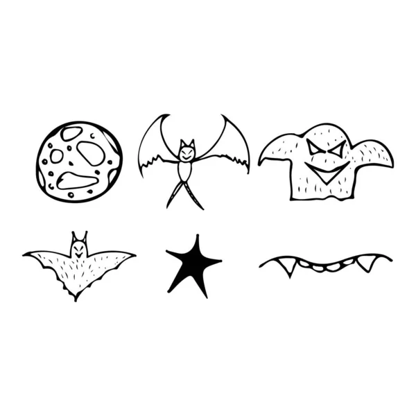 Halloween doodle set geïsoleerd op witte achtergrond. Cartoon set met zwarte Halloween doodle elementen. Outline symbool collectie. Handgetekende schets tovenaar collectie — Stockvector