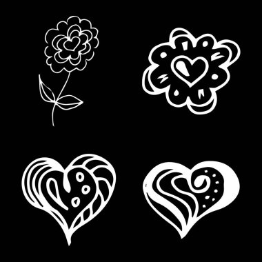 Çiçekler ve kalpler karalama koleksiyonunu siyah arka planda izole ettiler. 4 çiçek grafik elementi. Büyük vektör kümesi. Taslak koleksiyonu