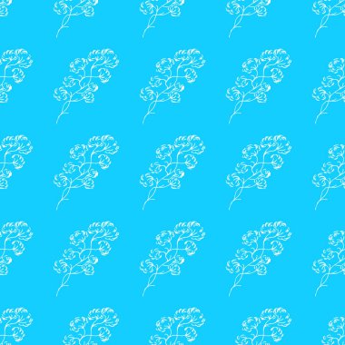 Klasik pamuk dikişsiz vektör, her amaçla harika tasarım. Serbest çizim vektör çizimi. Kusursuz desenli basit tasarım. Pamuk mavisi arka plan. Botanik desen. Satır sanatı
