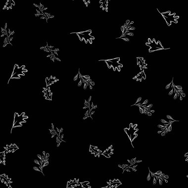 Sonbahar yapraklarının kusursuz deseni siyah arka planda izole edilmiş. Yapraklı soyut baskı. Kumaş, ambalaj ve tekstil için zarif, kusursuz bir süs. Özet