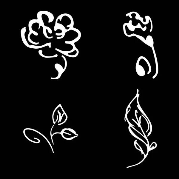 Blumen und Zweige handgezeichnete Kritzelei Sammlung isoliert auf schwarzem Hintergrund. 4 florale grafische Elemente. großen Vektorsatz. Umrissensammlung — Stockvektor