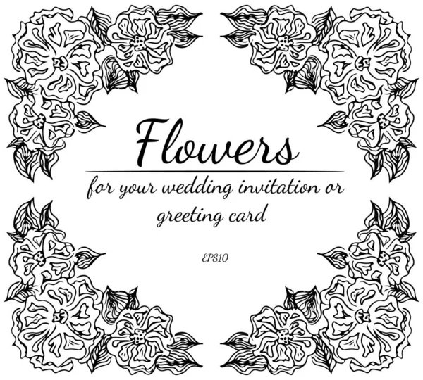 Rózsa vagy bazsarózsa koszorúja, fehér alapon elszigetelt virágok és ágak. Foral frame design elements for invitations, üdvözlőlapok, poszterek. Kézzel rajzolt vektor illusztráció. Vonalművészet. Vázlat — Stock Vector
