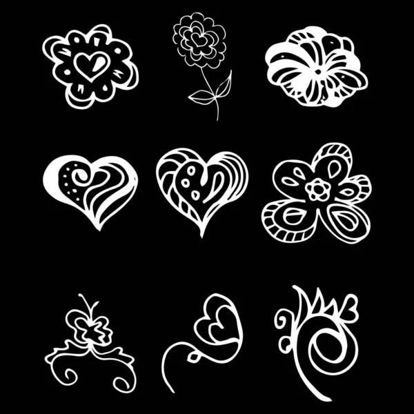 Λουλούδια και καρδιές ζωγραφισμένα στο χέρι συλλογή doodle απομονώνονται σε μαύρο φόντο. 6 φυτικά γραφικά στοιχεία. Μεγάλο διανυσματικό σύνολο. Συλλογή περιγράμματος — Διανυσματικό Αρχείο