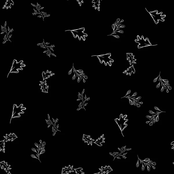 Patrón sin costuras de hojas de otoño aisladas sobre fondo negro. Impresión abstracta con hojas. Elegante hermoso adorno sin costuras para la tela, envoltura y textil. Esquema — Vector de stock