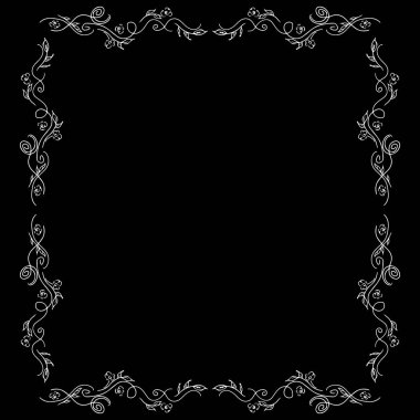 Siyah arka planda izole edilmiş klasik tarzda bir düğün çiçeği çerçevesi. Doğa çizimi. Düğün düzeni. Vector vintage illüstrasyon. Çiçek çerçeve tasarımı