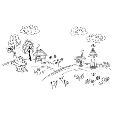 Ağaçlarla çevrili kır evi çizimi. El çizimi vektör çizimi. Satır sanatı