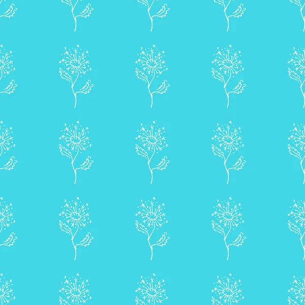 Patrón dibujado a mano sin costuras de flores abstractas de diente de león aisladas sobre fondo azul. Ilustración floral vectorial. Lindos doodle modernos elementos aislados del arte pop. Esquema — Vector de stock