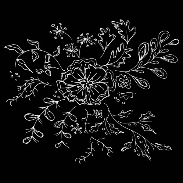 Abstrakte Wildblumen isoliert auf schwarzem Hintergrund. handgezeichnete Vektorillustration. Umrisssymbol — Stockvektor
