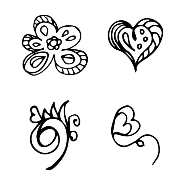 Virágok és a szív kézzel rajzolt doodle gyűjtemény elszigetelt fehér háttér. 4 virágos grafikai elem. Nagy vektor beállítva. Vázlatgyűjtés — Stock Vector