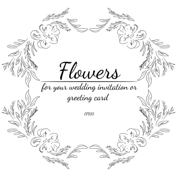 Krans av rosor eller pioner blommor och grenar isolerade på vit bakgrund. Formell ram designelement för inbjudningar, gratulationskort, affischer. Handritad vektor illustration. Linjekonst. Skiss — Stock vektor