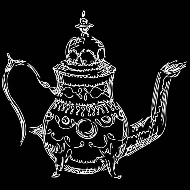 Retro çaydanlık eli çizilmiş, her amaç için harika bir tasarım. Siyah arka planda çin usulü çaydanlık eli çizilmiş. Retro tipografi. Çaydanlık ikonu. İzole vektör tasarımı