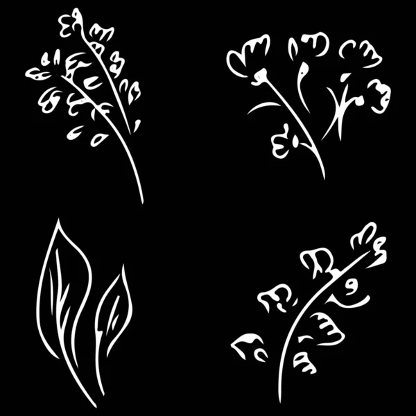 Blumen und Zweige isoliert auf schwarzem Hintergrund. handgezeichnete Doodle-Sammlung. 4 florale grafische Elemente. großen Vektorsatz. Umrisssymbole — Stockvektor