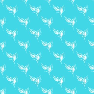 Mavi arka planda çizgi çizili, çizimsiz yapraklar. Çiçeksiz desenli taslak. Basit, şirin bir tasarım. El çizimi tarzı. Vektör illüstrasyon sanatı