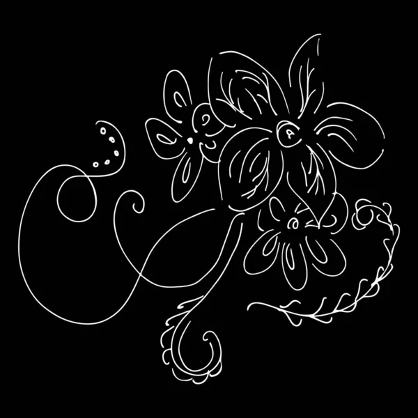 Абстрактная иконка контура дикого цветка на черном фоне. Векторная иллюстрация. Линейное искусство. Рисунок — стоковый вектор
