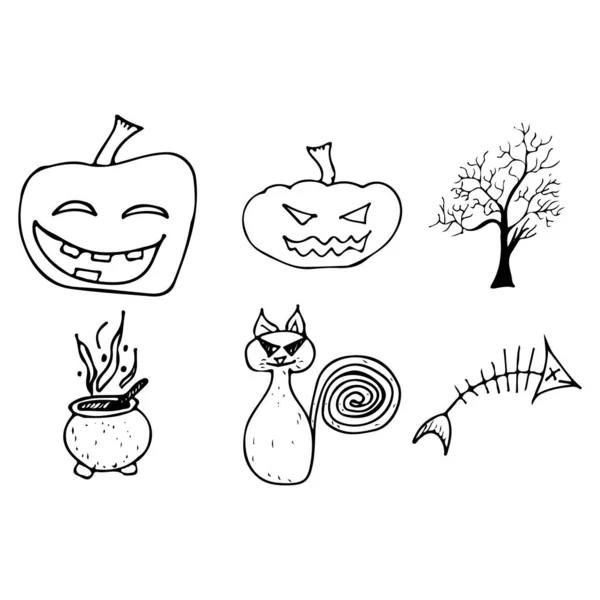 Doodle Halloween conjunto isolado no fundo branco. Conjunto de desenhos animados com elementos doodle Halloween preto. Esboço coleção de símbolos. Desenho à mão coleção mágico — Vetor de Stock