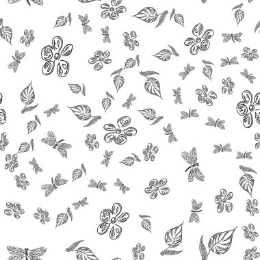 Yusufçuk, duvar kâğıdı tasarımı için çiçek desenli, el yapımı, pürüzsüz bir desen çizmiş. Beyaz arka planda siyah yusufçuk dikişsiz el çiçekleri olan soyut bir kart. Eski çiçek desenleri