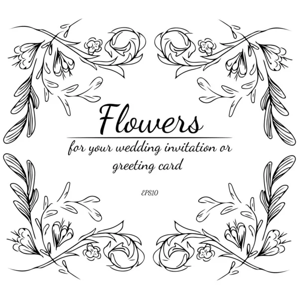 Fekete vadvirágok koszorúja szürke alapon. Foral frame design elements for invitations, üdvözlőlapok, plakátok, blogok. Kézzel rajzolt vektor illusztráció. Vonalművészet. Vázlat — Stock Vector