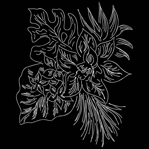 Vector hand getekend schets met tropische bladeren en bloemen geïsoleerd op zwarte achtergrond. Exotische botanische design elementen voor bruiloft uitnodigingskaarten, cosmetica, spa, parfum, schoonheidssalon. Overzicht — Stockvector