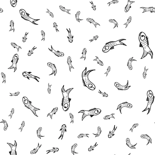 Doodle hal zökkenőmentes minta nyomtatás design. Vázolja hal zökkenőmentes kézzel rajzolt mintát. Nyári háttér. Vektorrajz. Trópusi illusztráció. Nyári strand dizájn. Hullámos háttér — Stock Vector