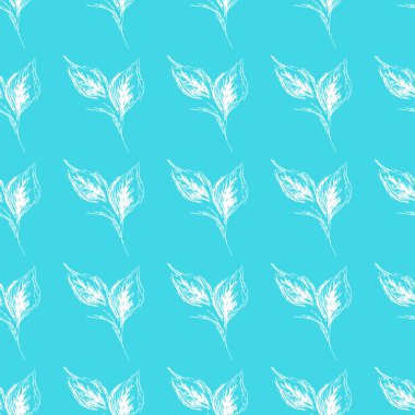 Mavi arka planda çizgi çizili, çizimsiz yapraklar. Çiçeksiz desenli taslak. Basit, şirin bir tasarım. El çizimi tarzı. Vektör illüstrasyon sanatı