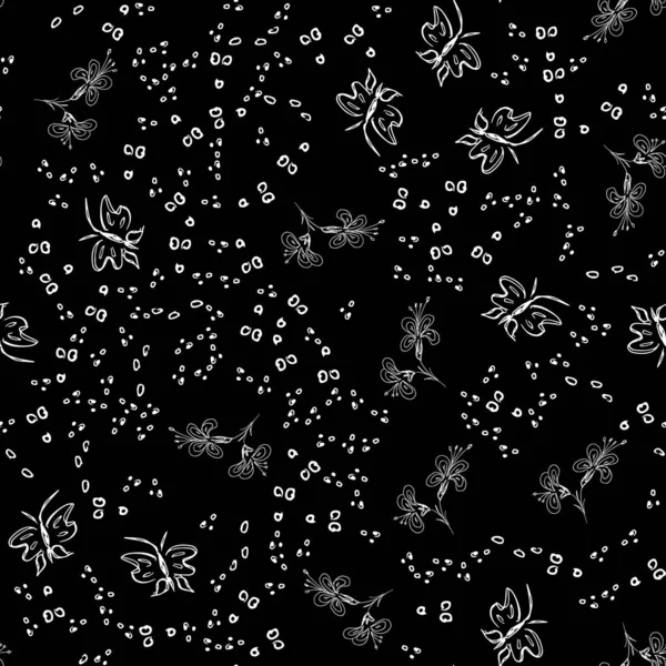 Butterfly seamless outline vector in line art style on black background. Line art butterfly. Cartoon animals, flowers and dots. Simple design seamless pattern. Exotic wallpaper. Abstract pattern — Stock Vector