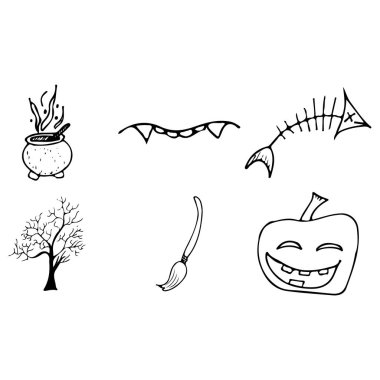 Cadılar Bayramı karalaması beyaz arka planda izole edilmiş. Kara cadılar bayramı karalama elementleriyle dolu bir çizgi film seti. Taslak sembol koleksiyonu. El çizimi eskiz sihirbazı koleksiyonu