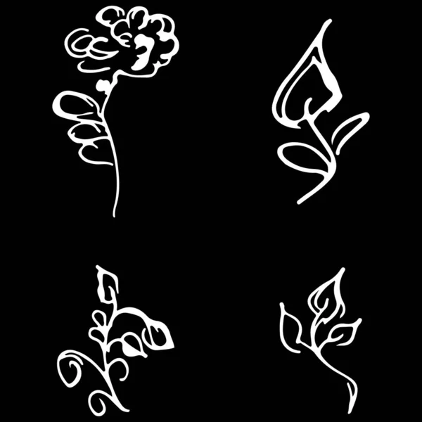 Flores y ramas dibujadas a mano colección de garabatos aislados sobre fondo negro. 4 elementos gráficos florales. Gran conjunto de vectores. Esquema de recogida — Archivo Imágenes Vectoriales
