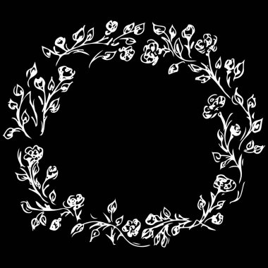 Siyah arka planda saklanmış gül ve şakayık çelenkleri. Davetiyeler ve tebrik kartları için resmi çerçeve tasarımı ögeleri. El çizimi vektör çizimi. Çizgi çalışması. Özet simgesi