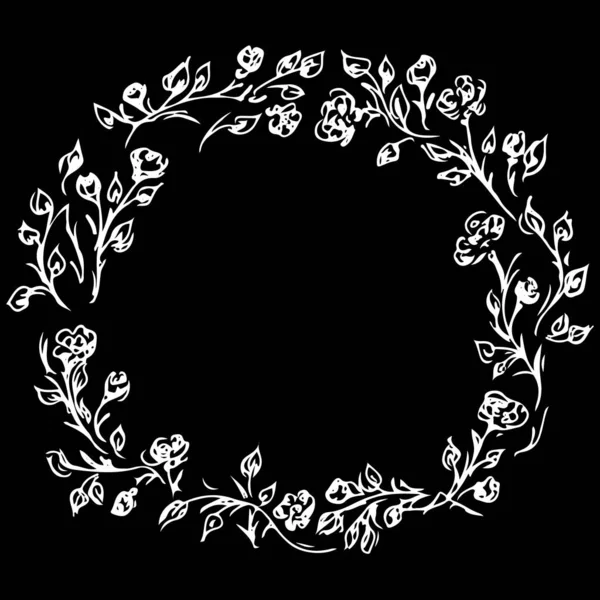 Kranz aus Rosen oder Pfingstrosen Blumen und Zweige isoliert auf schwarzem Hintergrund. Gestaltungselemente für Einladungen, Grußkarten. handgezeichnete Vektorillustration. Zeilenkunst. Umrisssymbol — Stockvektor