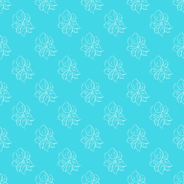 Mavi arka planda soyut gül çiçeklerinin kusursuz el çizimleri. Vektör çiçek çizimi. Çiçeksiz desenli taslak. Özet