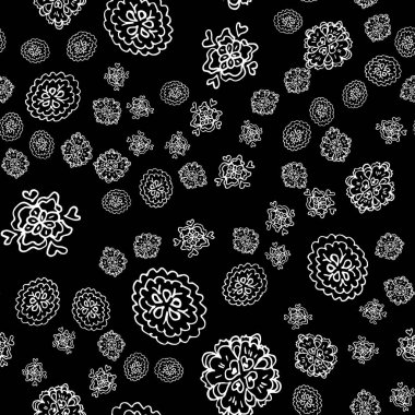 Çizgi karalaması, siyah arkaplanda sanat tarzında dikişsiz çiçekler. Çiçeksiz desenli taslak. Basit, şirin bir tasarım. El çizimi tarzı. Vektör illüstrasyon sanatı