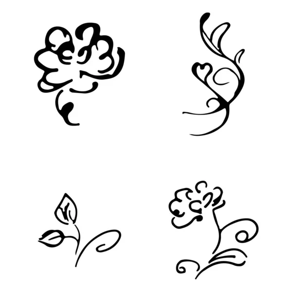 Flores y ramas dibujadas a mano colección de garabatos aislados sobre fondo blanco. 4 elementos gráficos florales. Gran conjunto de vectores. Esquema de recogida — Vector de stock